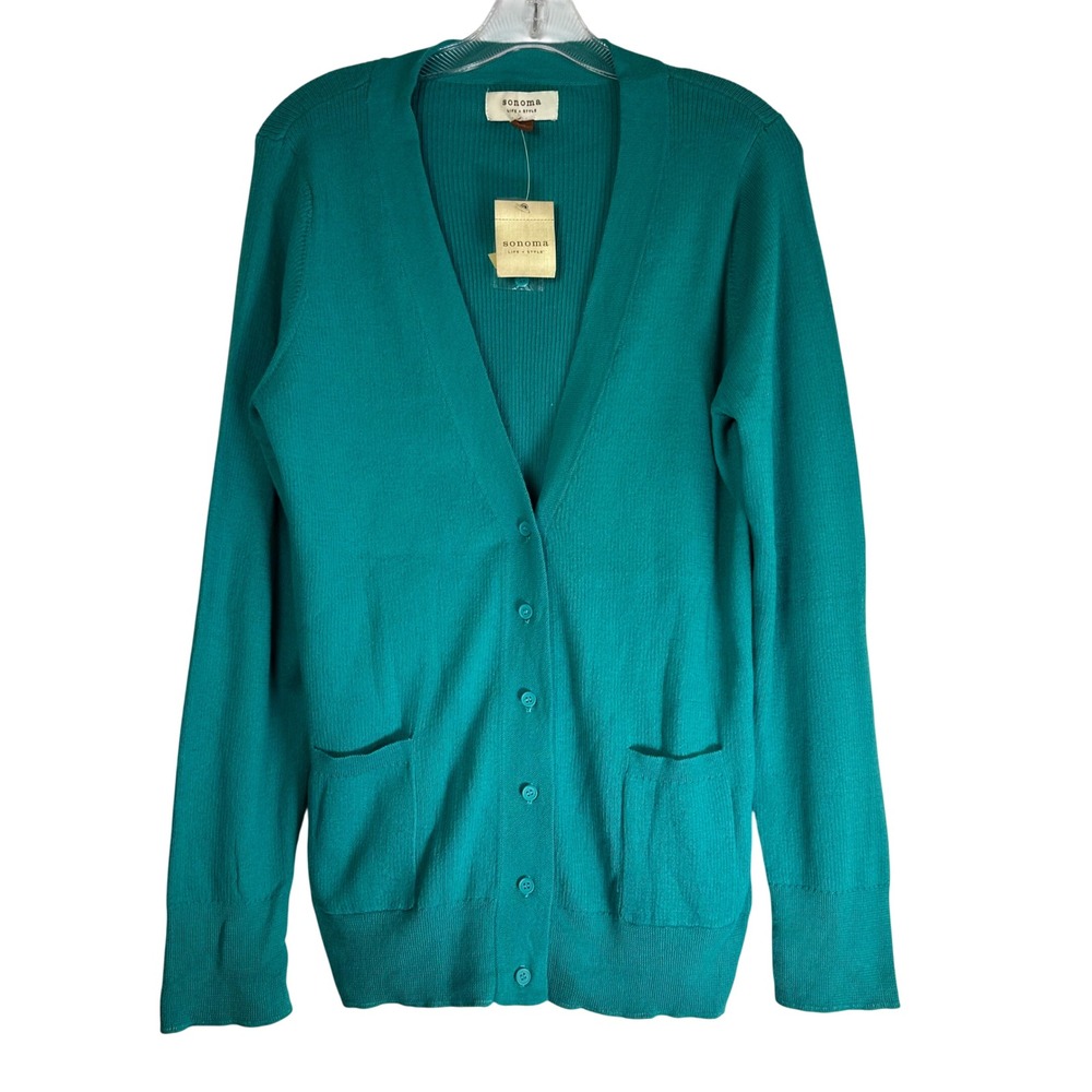 Sonoma Life + Style Womens XL Teal Green Button Front Cardigan Sweater NWT